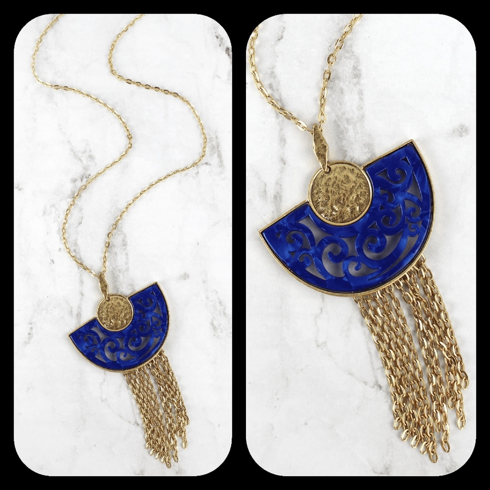 Boho Chic Filagree Resin Crescent Half Moon long chain Fringe statement necklace - Picture 2 of 11